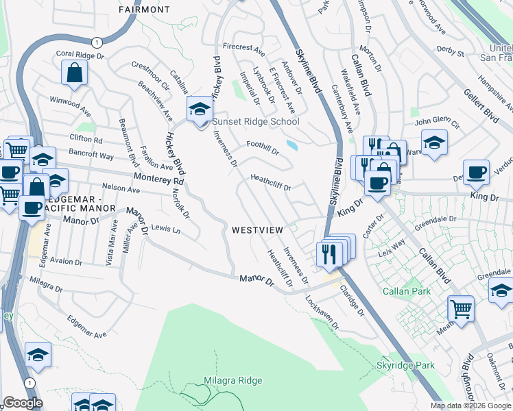 map of restaurants, bars, coffee shops, grocery stores, and more near 440 Inverness Drive in Pacifica