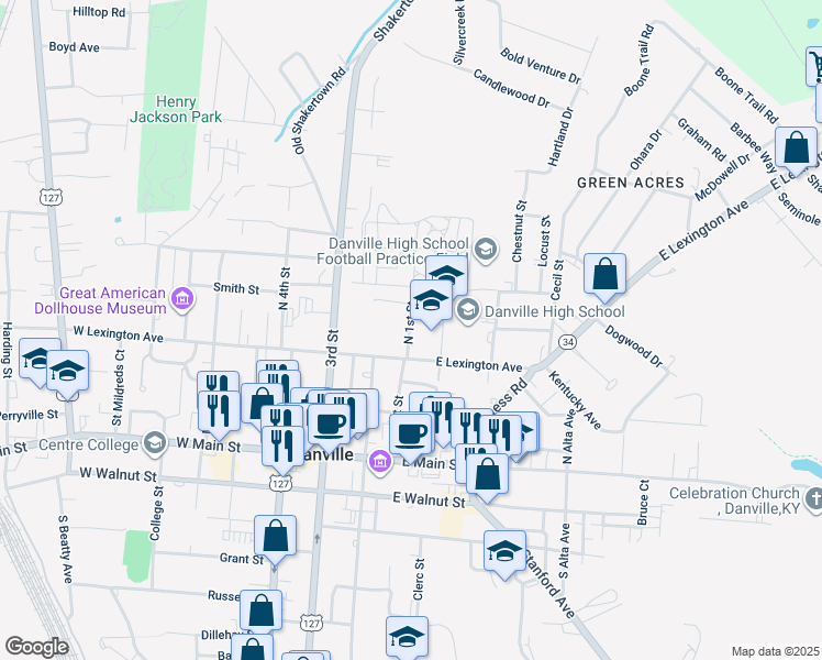 map of restaurants, bars, coffee shops, grocery stores, and more near 277 North 1st Street in Danville
