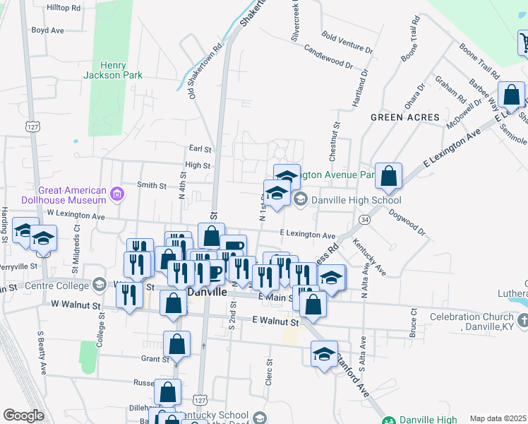 map of restaurants, bars, coffee shops, grocery stores, and more near 277 North 1st Street in Danville