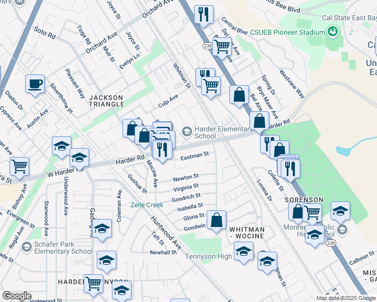 map of restaurants, bars, coffee shops, grocery stores, and more near 292 Eastman Street in Hayward