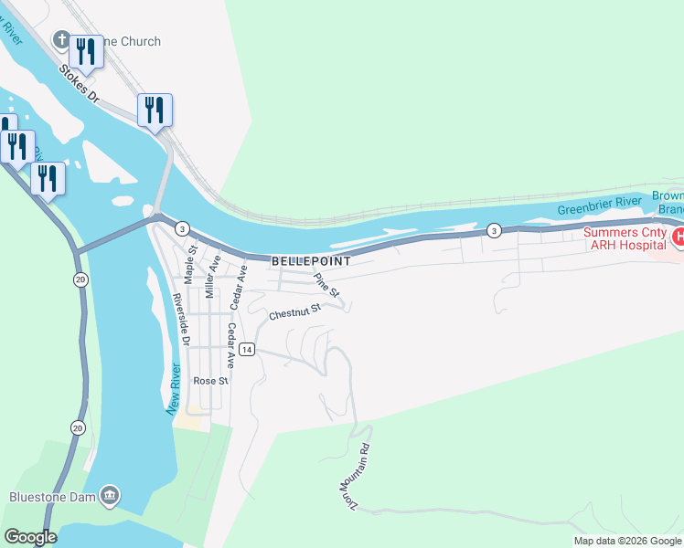 map of restaurants, bars, coffee shops, grocery stores, and more near 582-780 Greenbrier Dr in Hinton