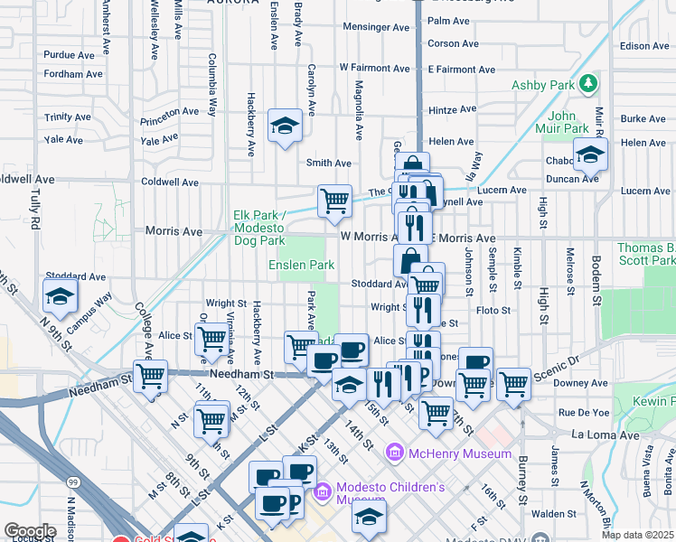 map of restaurants, bars, coffee shops, grocery stores, and more near 418 Sycamore Avenue in Modesto