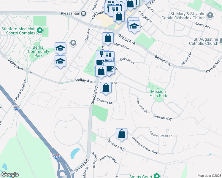 map of restaurants, bars, coffee shops, grocery stores, and more near 5455 Sonoma Drive in Pleasanton