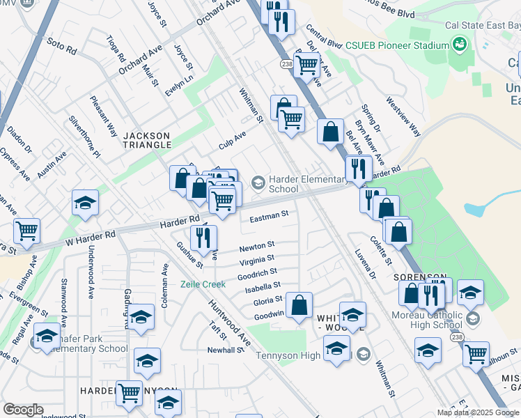 map of restaurants, bars, coffee shops, grocery stores, and more near 292 Eastman Street in Hayward