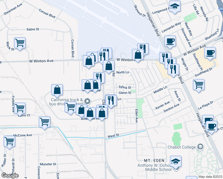 map of restaurants, bars, coffee shops, grocery stores, and more near 23144 Clawiter Road in Hayward