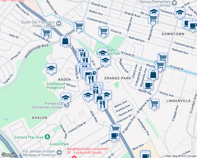 map of restaurants, bars, coffee shops, grocery stores, and more near 348 B Street in South San Francisco