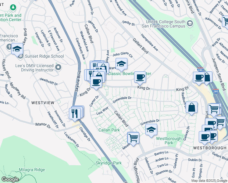 map of restaurants, bars, coffee shops, grocery stores, and more near 3984 Haussman Court in South San Francisco