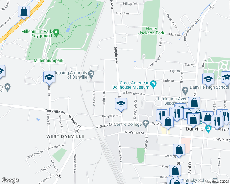map of restaurants, bars, coffee shops, grocery stores, and more near 303 Maple Avenue in Danville
