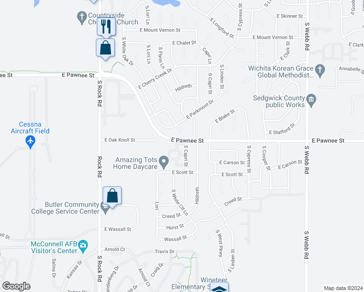 map of restaurants, bars, coffee shops, grocery stores, and more near 101 South Capri Street in Wichita