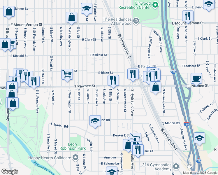 map of restaurants, bars, coffee shops, grocery stores, and more near 1500-1532 East Pawnee Street in Wichita