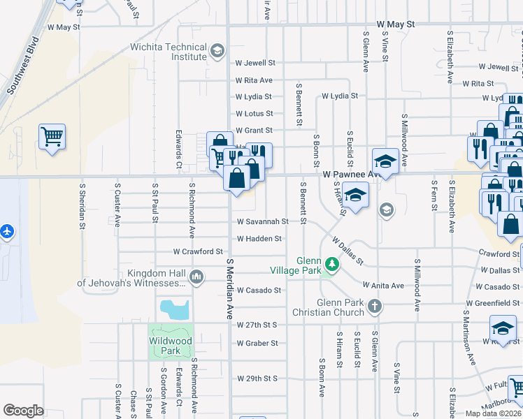 map of restaurants, bars, coffee shops, grocery stores, and more near 2449 South Saint Clair Street in Wichita