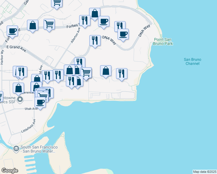 map of restaurants, bars, coffee shops, grocery stores, and more near 451 East Jamie Court in South San Francisco