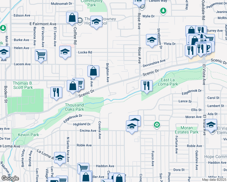 map of restaurants, bars, coffee shops, grocery stores, and more near 1500 Scenic Drive in Modesto