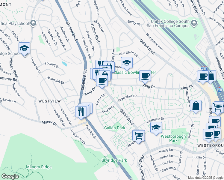 map of restaurants, bars, coffee shops, grocery stores, and more near 3890 King Drive in South San Francisco