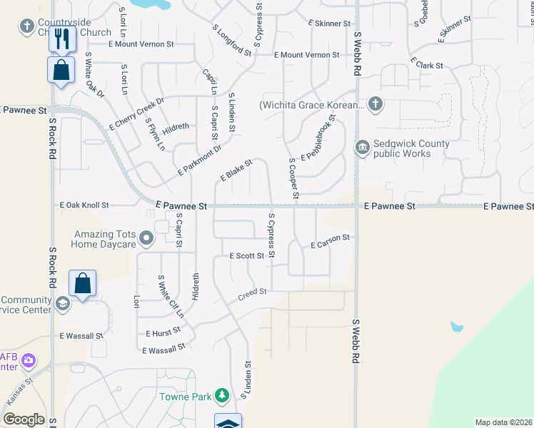 map of restaurants, bars, coffee shops, grocery stores, and more near 2409 South Cypress Street in Wichita