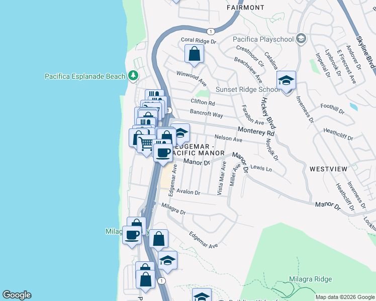 map of restaurants, bars, coffee shops, grocery stores, and more near 427 Johnson Ave in Pacifica
