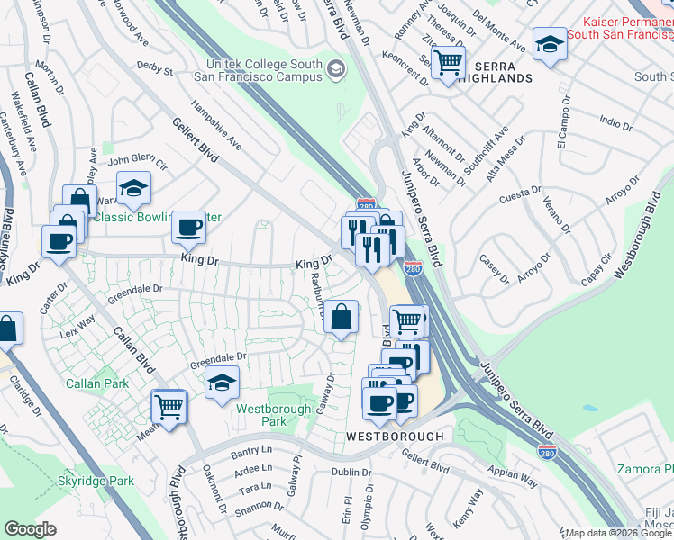 map of restaurants, bars, coffee shops, grocery stores, and more near 3832 Annapolis Court in South San Francisco