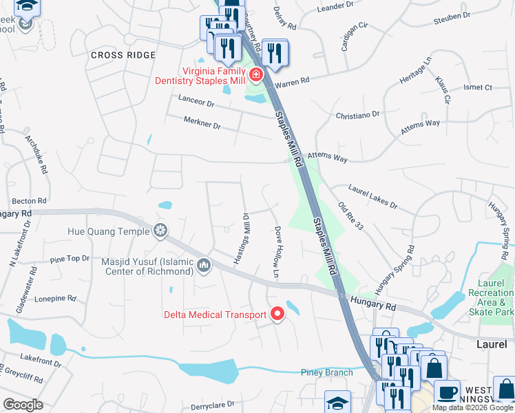 map of restaurants, bars, coffee shops, grocery stores, and more near 8300 Sharonway Drive in Glen Allen