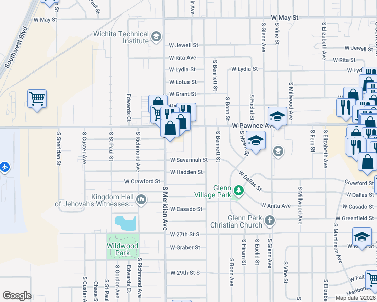 map of restaurants, bars, coffee shops, grocery stores, and more near 2449 South Saint Clair Street in Wichita