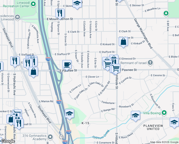 map of restaurants, bars, coffee shops, grocery stores, and more near 2805 East Pawnee Street in Wichita