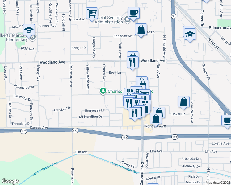 map of restaurants, bars, coffee shops, grocery stores, and more near 1109 Diablo Avenue in Modesto