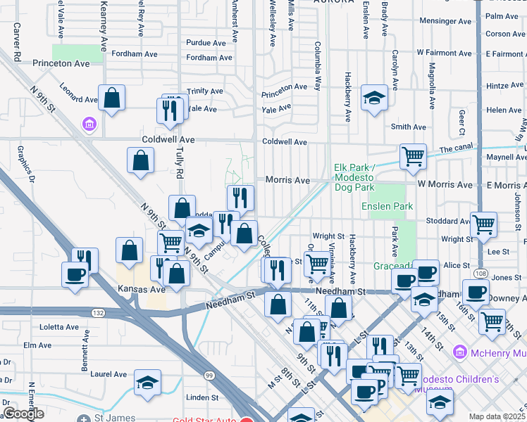 map of restaurants, bars, coffee shops, grocery stores, and more near 406 College Avenue in Modesto