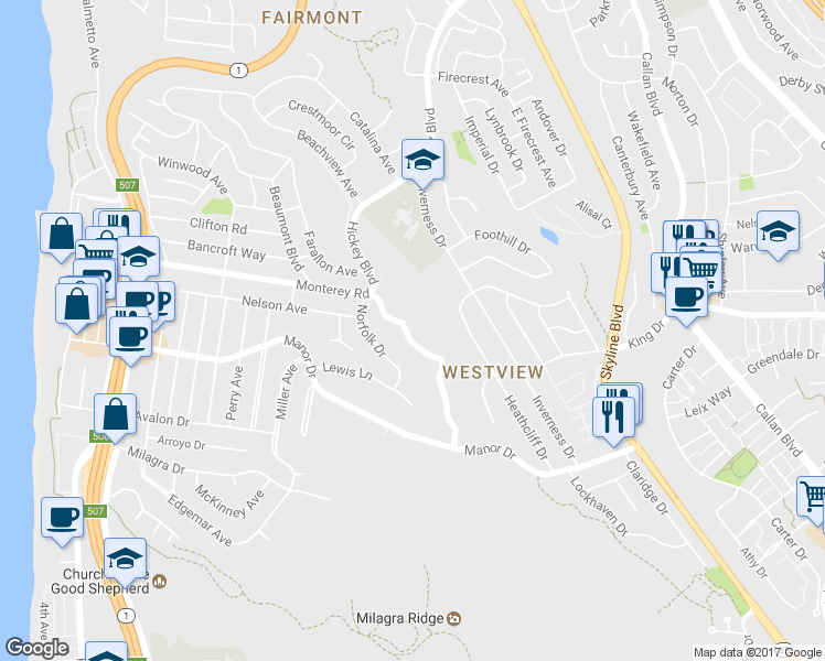 map of restaurants, bars, coffee shops, grocery stores, and more near 513A Monterey Road in Pacifica