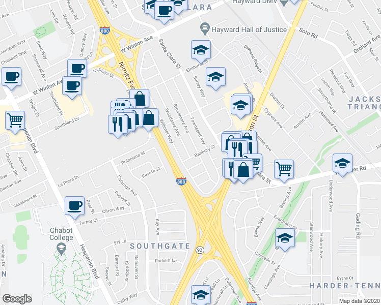 map of restaurants, bars, coffee shops, grocery stores, and more near 24836 Woodacre Avenue in Hayward