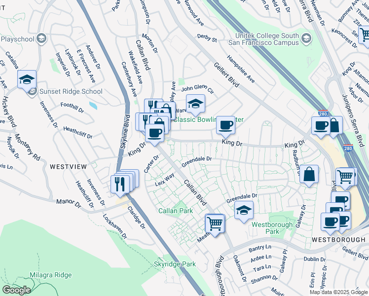 map of restaurants, bars, coffee shops, grocery stores, and more near 3984 Haussman Court in South San Francisco