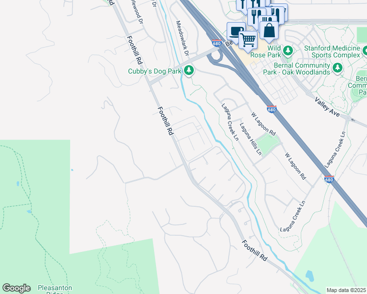 map of restaurants, bars, coffee shops, grocery stores, and more near 2365 Foothill Road in Pleasanton