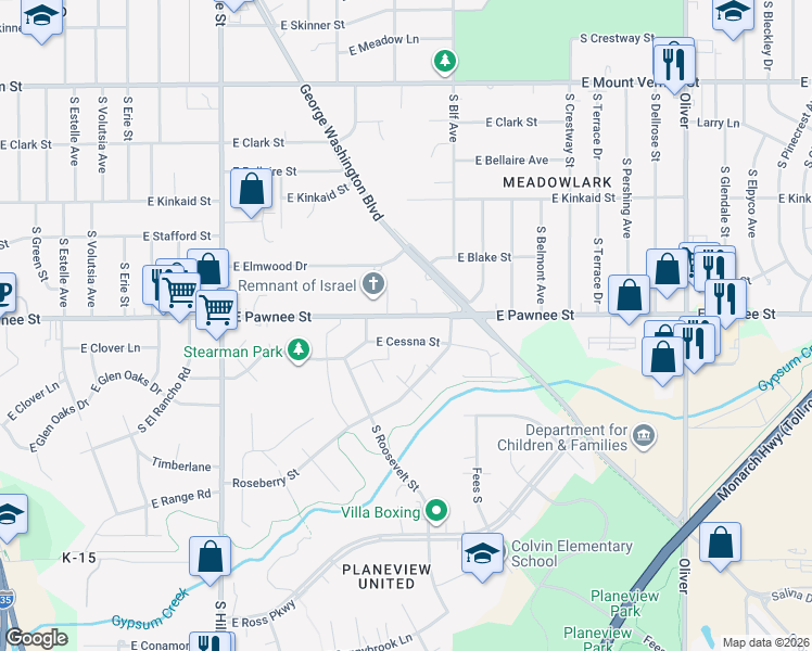 map of restaurants, bars, coffee shops, grocery stores, and more near 3823 East Pawnee Street in Wichita