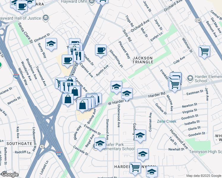 map of restaurants, bars, coffee shops, grocery stores, and more near 25354 Cypress Ave in Hayward