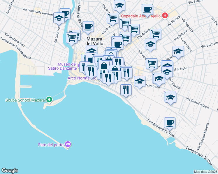 map of restaurants, bars, coffee shops, grocery stores, and more near 23 Lungomare Giuseppe Mazzini in Mazara del Vallo