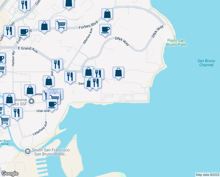 map of restaurants, bars, coffee shops, grocery stores, and more near 201 Haskins Way in South San Francisco