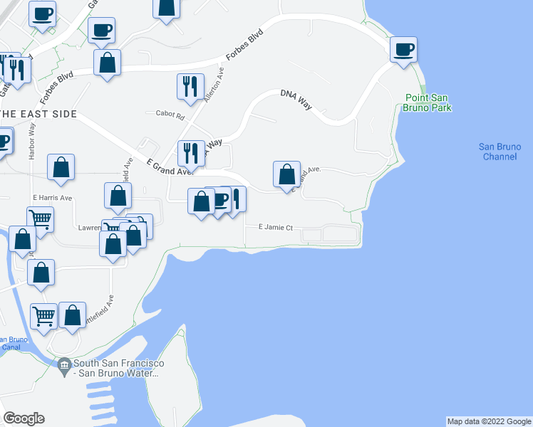 map of restaurants, bars, coffee shops, grocery stores, and more near 201 Haskins Way in South San Francisco