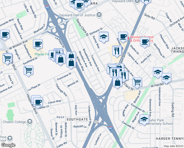 map of restaurants, bars, coffee shops, grocery stores, and more near 24836 Woodacre Avenue in Hayward