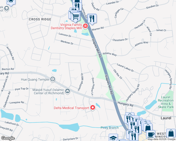 map of restaurants, bars, coffee shops, grocery stores, and more near 8300 Sharonway Drive in Glen Allen