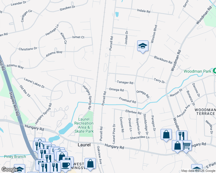map of restaurants, bars, coffee shops, grocery stores, and more near 10003 Purcell Road in Richmond
