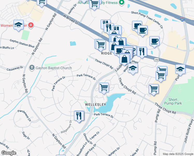 map of restaurants, bars, coffee shops, grocery stores, and more near 12002 Foxfield Circle in Henrico