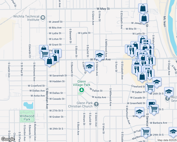map of restaurants, bars, coffee shops, grocery stores, and more near 2500 South Hiram Street in Wichita