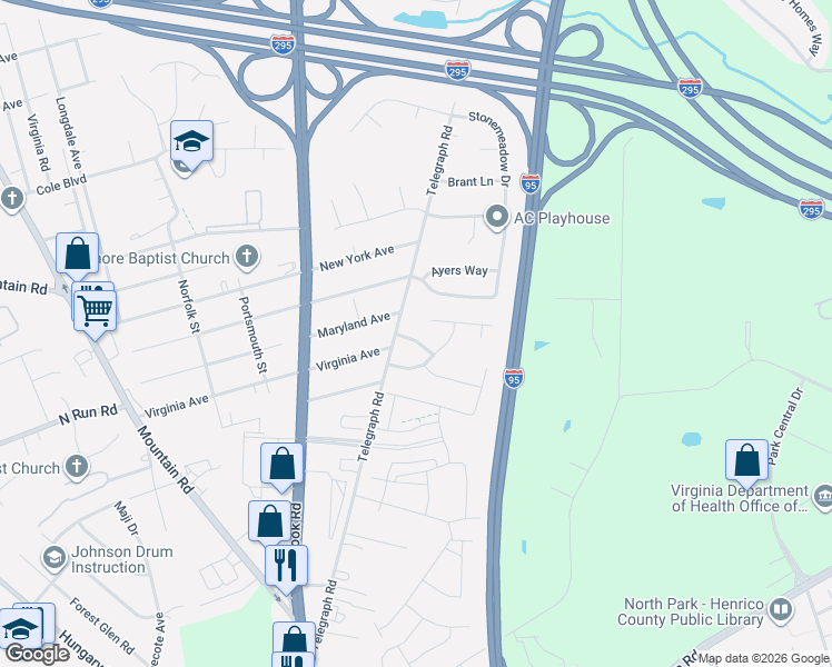 map of restaurants, bars, coffee shops, grocery stores, and more near 1012 Telegraph Woods Drive in Glen Allen