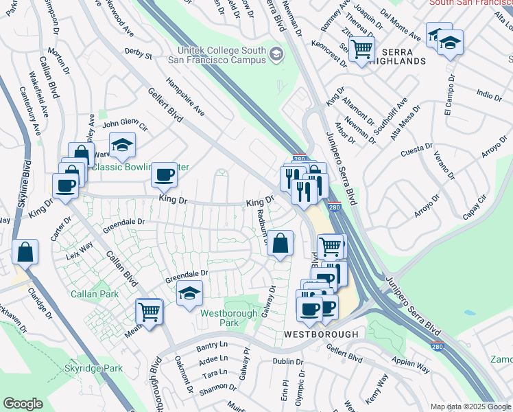 map of restaurants, bars, coffee shops, grocery stores, and more near 3885 Radburn Drive in South San Francisco