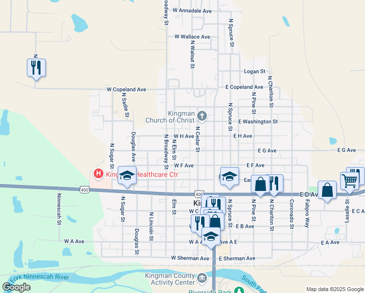 map of restaurants, bars, coffee shops, grocery stores, and more near 800-898 North Elm Street in Kingman