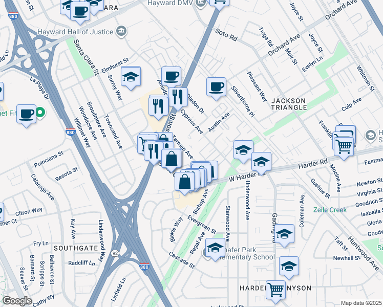 map of restaurants, bars, coffee shops, grocery stores, and more near 25268 Tarman Avenue in Hayward