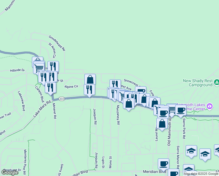 map of restaurants, bars, coffee shops, grocery stores, and more near 64 Mountain Boulevard in Mammoth Lakes