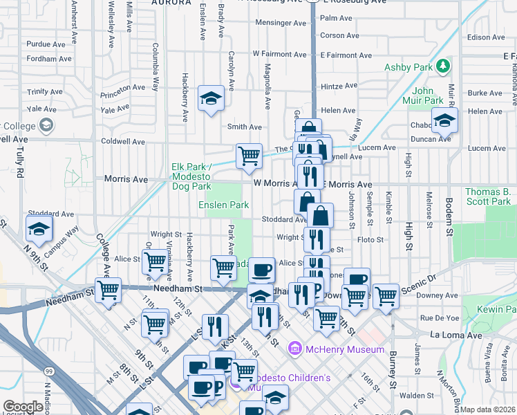 map of restaurants, bars, coffee shops, grocery stores, and more near 418 Sycamore Avenue in Modesto