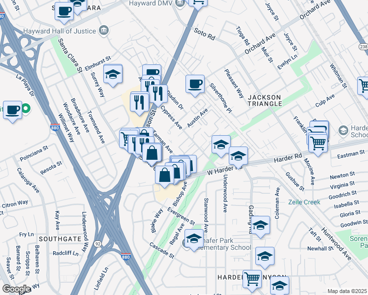 map of restaurants, bars, coffee shops, grocery stores, and more near 25221 Cypress Avenue in Hayward