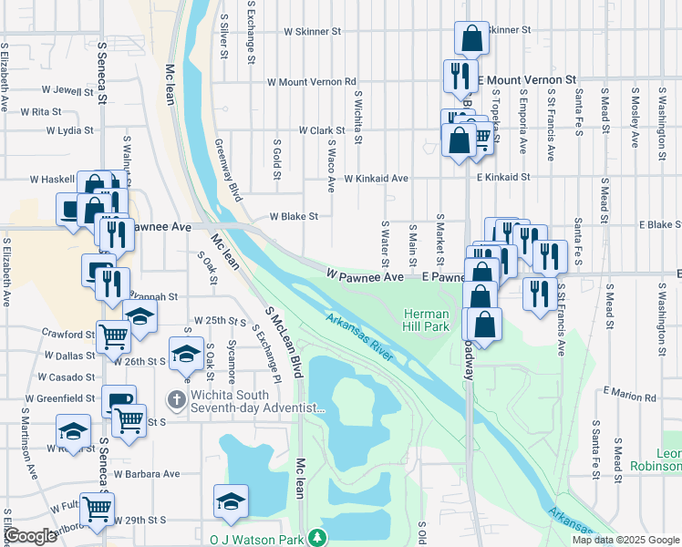 map of restaurants, bars, coffee shops, grocery stores, and more near 404 West Pawnee Street in Wichita