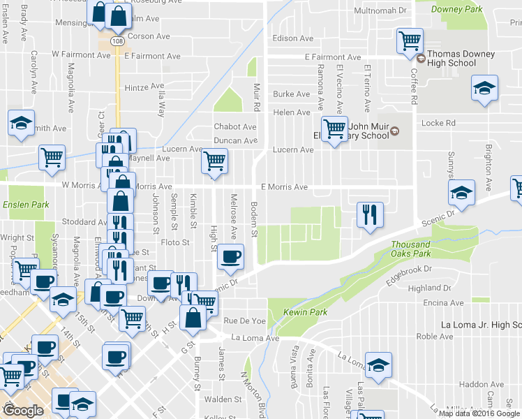 map of restaurants, bars, coffee shops, grocery stores, and more near 318 Bodem Street in Modesto
