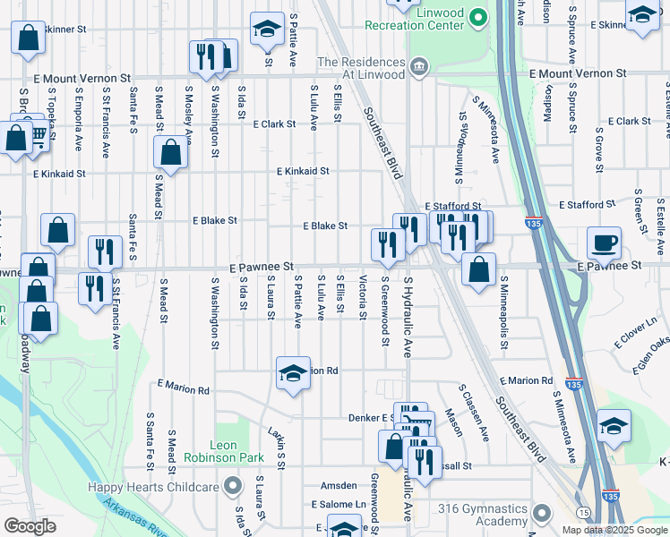 map of restaurants, bars, coffee shops, grocery stores, and more near 1500 East Pawnee Street in Wichita